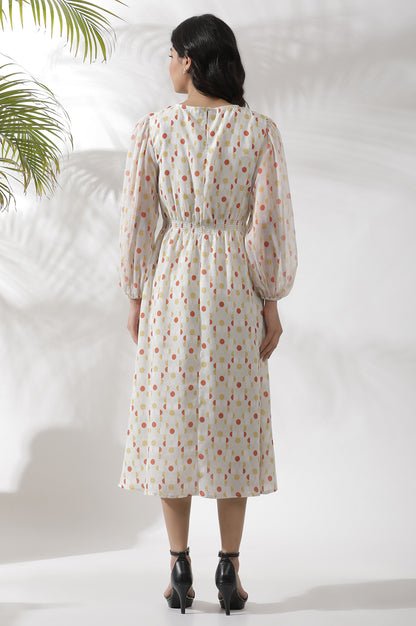 White Polka Dot Printed Gathered Western Dress - Image 4